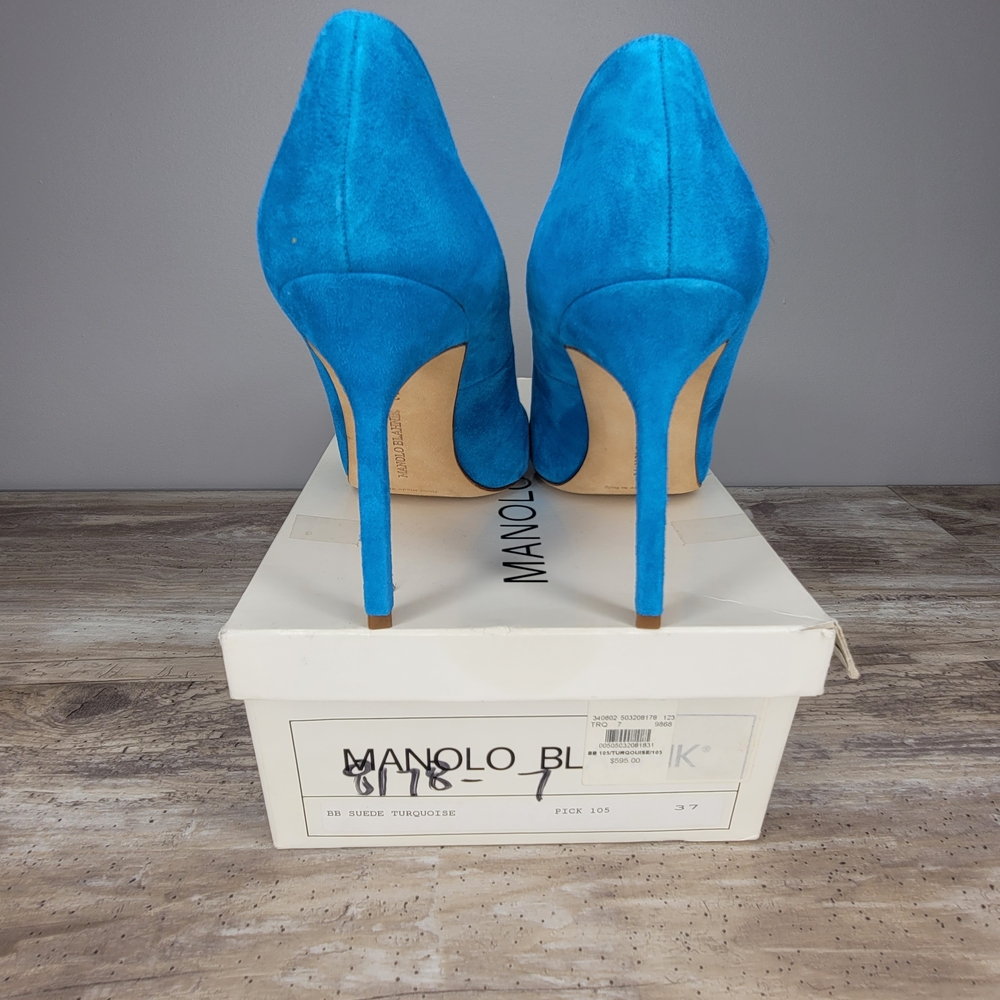 Manolo Blahnik Turquoise Suede Heels - Picture 5 of 9
